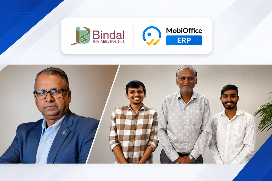 The MobiOfficeHQ team with Ravindra Arya and Shaileshbhai Patel at Bindal Silk Mills